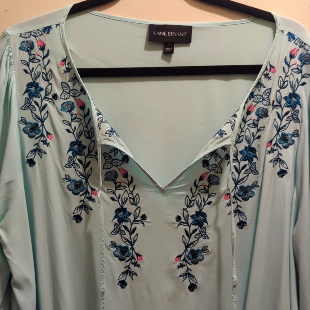 Lane Bryant Pink & Blue Blouse Embroidered Floral Tie Front Balloon Sleeve- 14 - Picture 7 of 14